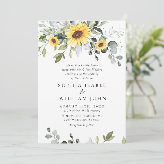 Elegant Waterverf Zonnebloemen Eucalyptus Weddensc Kaart (Staand voorkant)