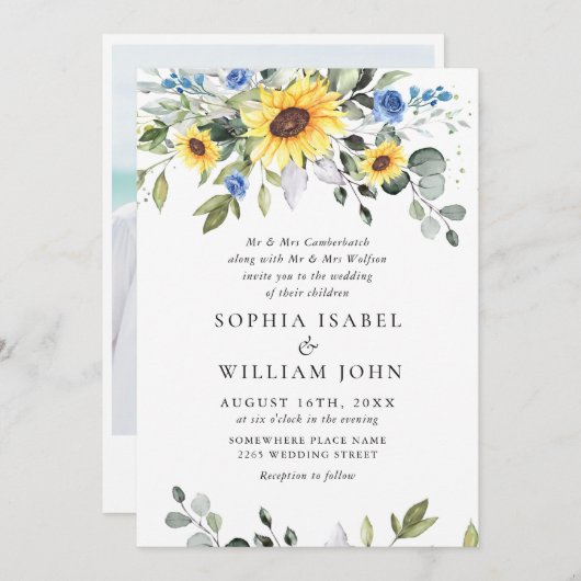 Elegant Waterverf Zonnebloemen Eucalyptus Weddensc Kaart (Voorkant / Achterkant)