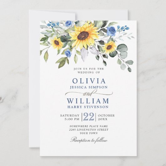 Elegant Waterverf Zonnebloemen Eucalyptus Weddensc Kaart (Voorkant)