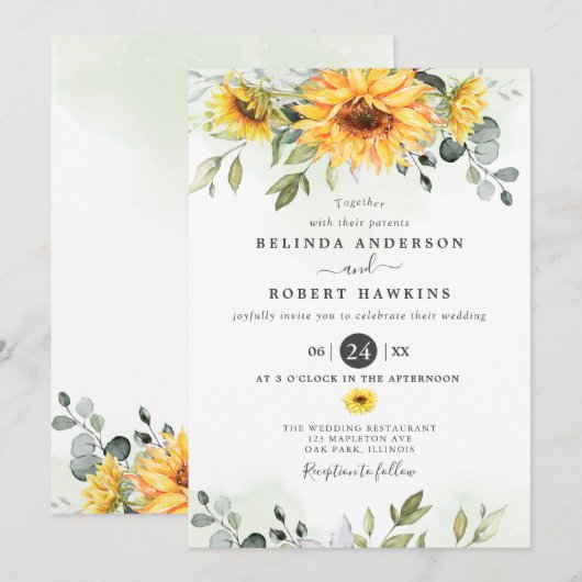 Elegant Waterverf Zonnebloemen Eucalyptus Weddensc Kaart (Voorkant / Achterkant)