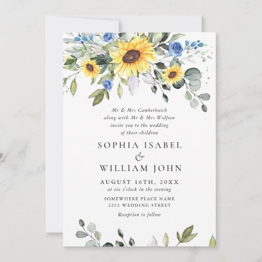 Elegant Waterverf Zonnebloemen Eucalyptus Weddensc Kaart (Voorkant)