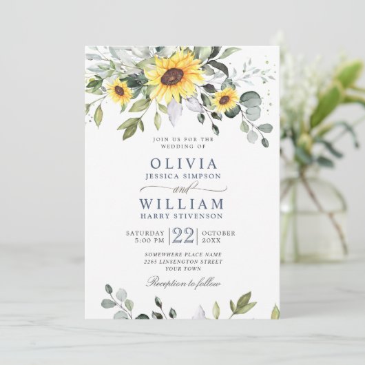 Elegant Waterverf Zonnebloemen Eucalyptus Weddensc Kaart (Staand voorkant)