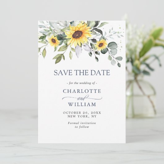 Elegant Waterverf Zonnebloemen Eucalyptus Weddensc Save The Date (Staand voorkant)