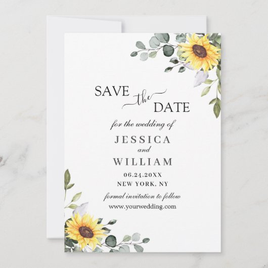 Elegant Waterverf Zonnebloemen Eucalyptus Weddensc Save The Date (Achterkant)