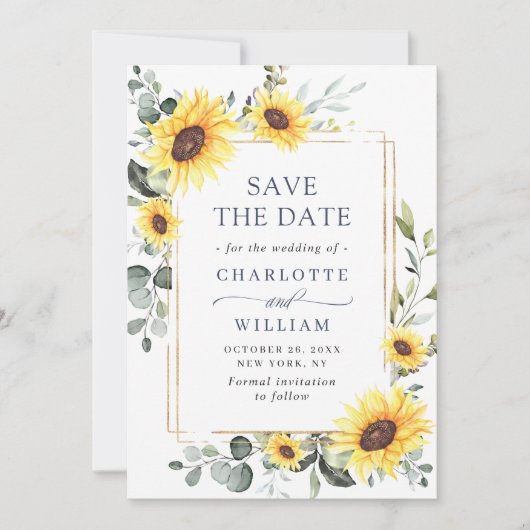 Elegant Waterverf Zonnebloemen Eucalyptus Weddensc Save The Date (Voorkant)