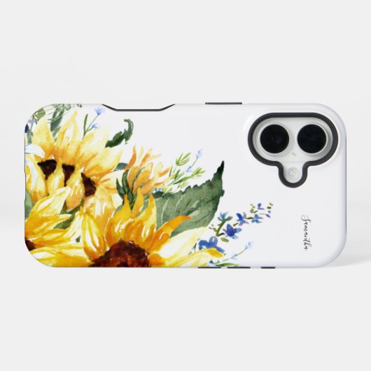 Elegant Waterverf Zonnebloemen, gepersonaliseerd iPhone 16 Hoesje (Achterkant horizontaal)