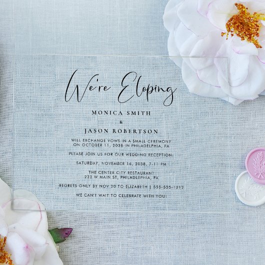 Elegant We zijn Eloping bruiloft receptie Acryl Uitnodigingen