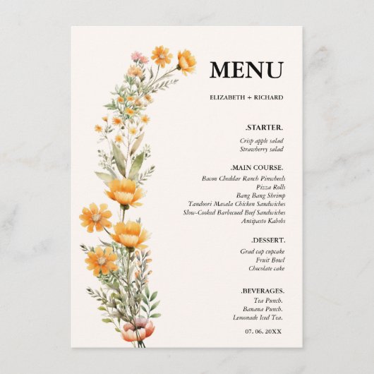 Elegant Weadow Wildflower bruiloft Vrijgezellenfee Menu (Voorkant)