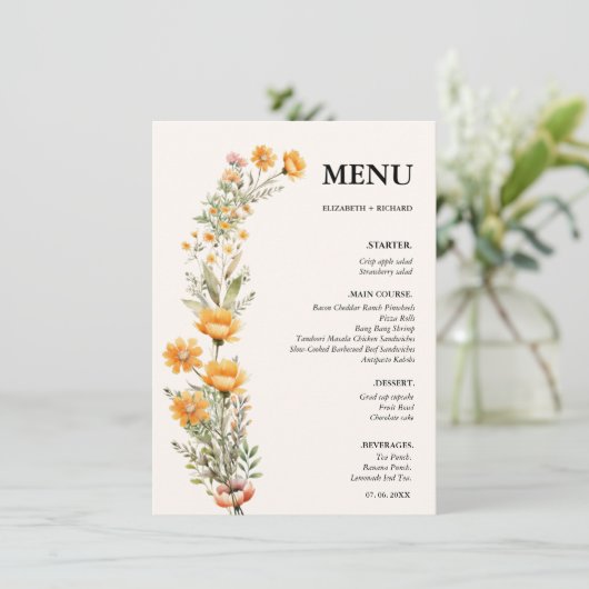 Elegant Weadow Wildflower bruiloft Vrijgezellenfee Menu (Staand voorkant)