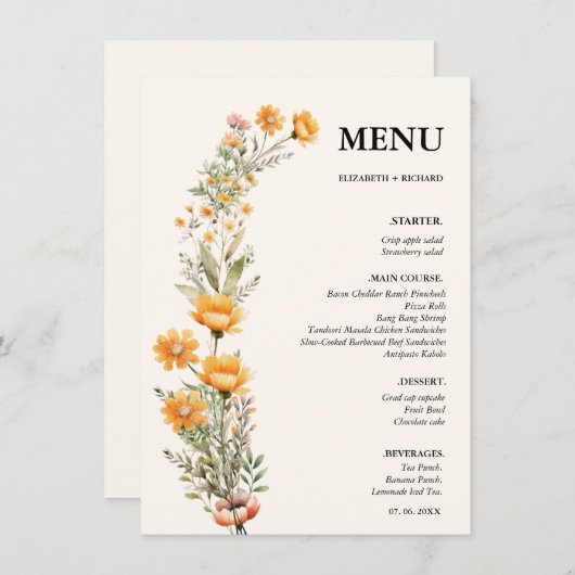 Elegant Weadow Wildflower bruiloft Vrijgezellenfee Menu (Voorkant / Achterkant)