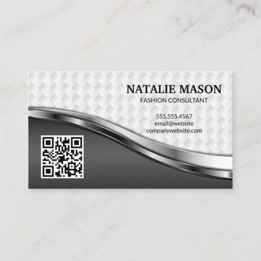 Elegant Weave Patroon | Silver Metallic | QR-code Visitekaartje (Achterkant)