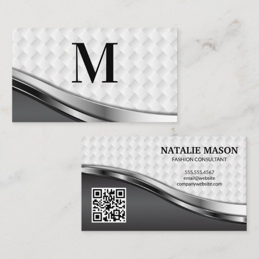 Elegant Weave Patroon | Silver Metallic | QR-code Visitekaartje (Voorkant / Achterkant)