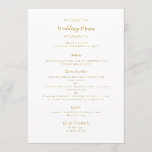 Elegant Weddenschap Calligraphy Chic Gold White Di Menu (Voorkant)