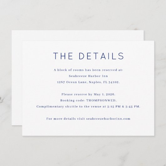 Elegant Wedding Accommodation Details Informatiekaartje (Voorkant / Achterkant)