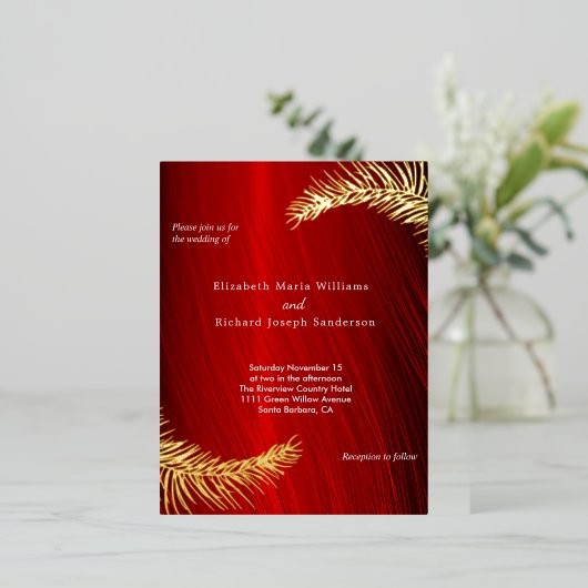 Elegant Wedding and RSVP Ruby Red Gold Leaves Folie Uitnodiging Briefkaart (Staand Voorkant)