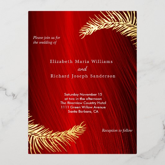 Elegant Wedding and RSVP Ruby Red Gold Leaves Folie Uitnodiging Briefkaart (Voorkant)