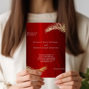 Elegant Wedding and RSVP Ruby Red Gold Leaves Folie Uitnodiging Briefkaart