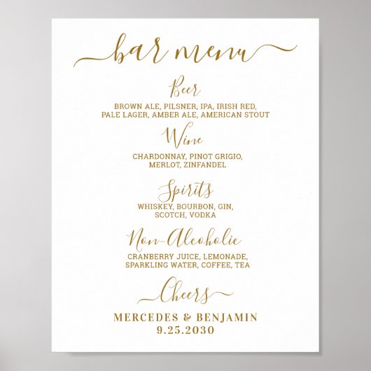 Elegant Wedding Bar Gold Persoonlijke Drink Menu Poster (Voorkant)