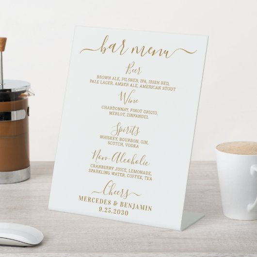 Elegant Wedding Bar Gold Persoonlijke Drink Menu Reclamebord Met Voetstuk (Insitu)