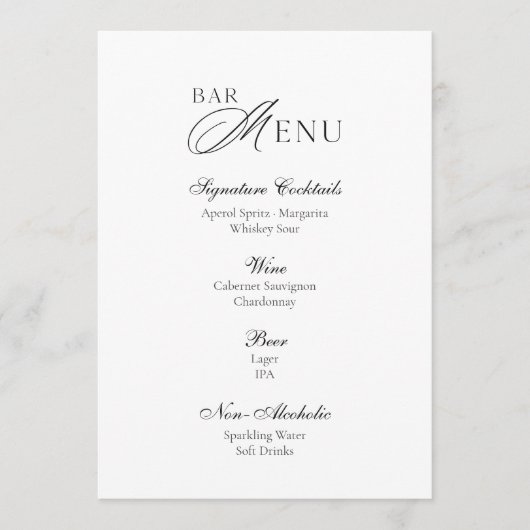 Elegant Wedding Bar Menu Sign Kaart (Voorkant)