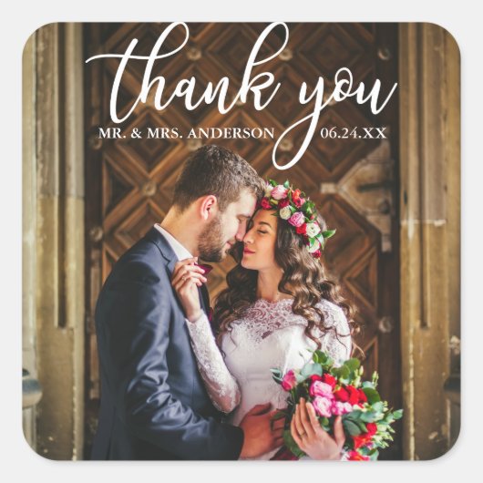 Elegant Wedding Bedankt Bride en Groom Foto Vierkante Sticker (Voorkant)