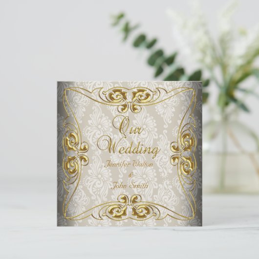 Elegant Wedding Beige Gold Damask Kaart (Staand voorkant)