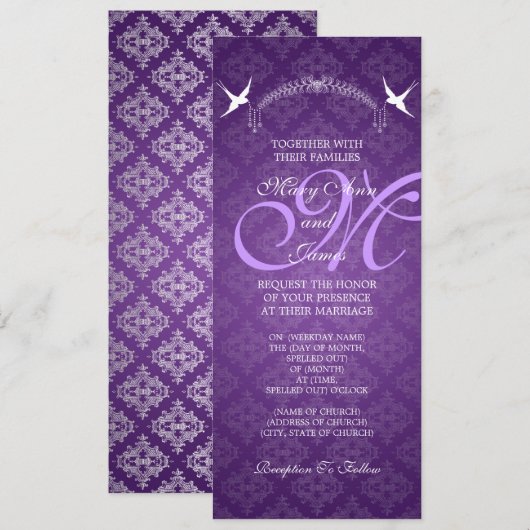 Elegant Wedding Birds Monogram Paars Kaart (Voorkant / Achterkant)