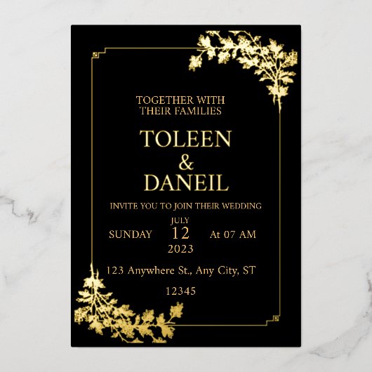 Elegant Wedding Black and Gold Foil Invitation Folie Uitnodiging (Voorkant)