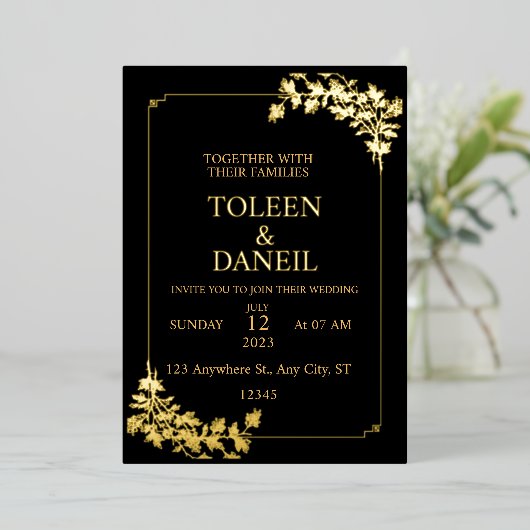 Elegant Wedding Black and Gold Foil Invitation Folie Uitnodiging (Staand Voorkant)
