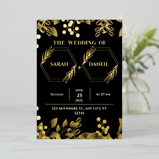 Elegant Wedding Black and Gold Foil Invitation Folie Uitnodiging (Staand Voorkant)