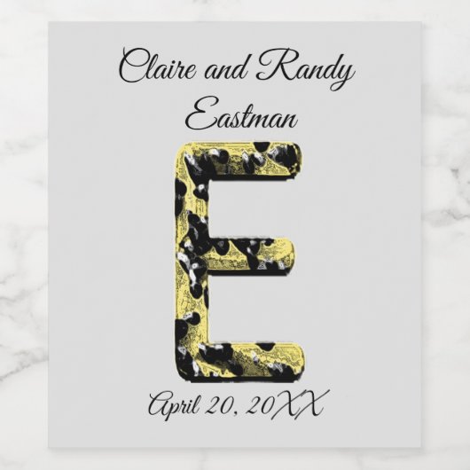Elegant Wedding Black en Gold Letter E Monogram Wijn Etiket (Enkel label)