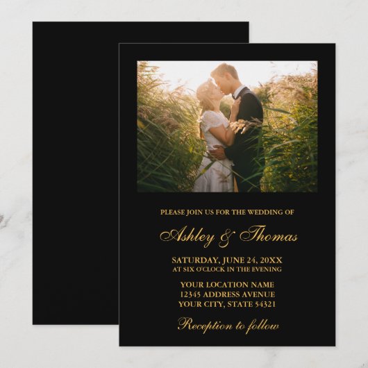 Elegant Wedding Black en Gold Photo Kaart (Voorkant / Achterkant)