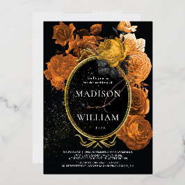 Elegant Wedding Black en Oranje Floral Folie Uitnodiging