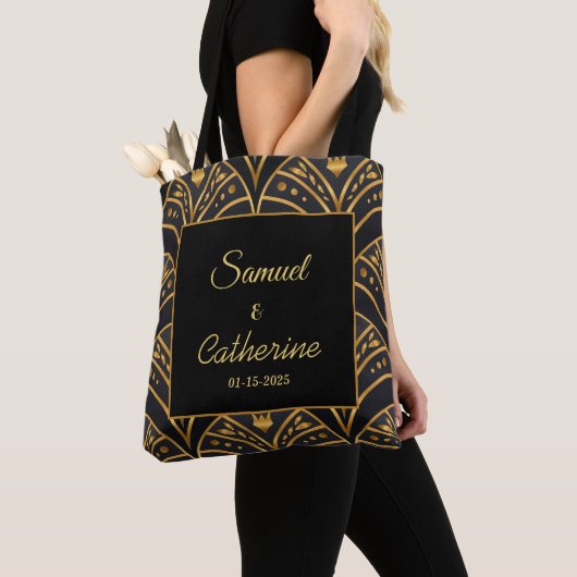 Elegant Wedding Black Gold Stylish Personaliseren Tote Bag (Dichtbij)