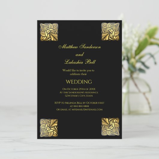 Elegant Wedding Black gold Uitnodiging (Staand voorkant)
