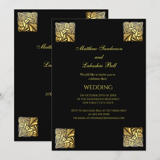 Elegant Wedding Black gold Uitnodiging (Voorkant / Achterkant)