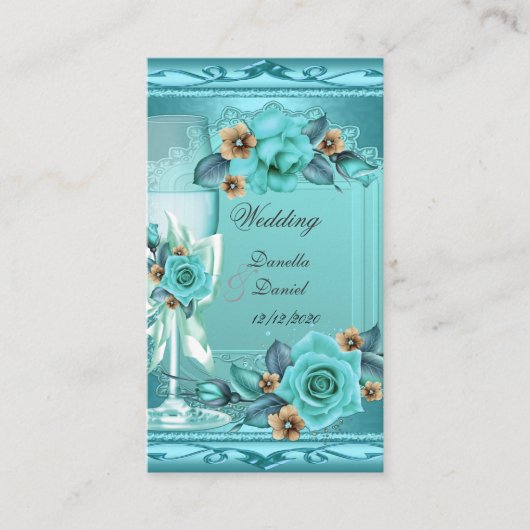 Elegant Wedding Blauwgroen Blue Beige Rozen Flower Informatiekaartje (Voorkant)