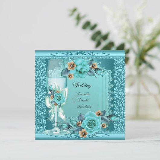 Elegant Wedding Blauwgroen Blue Beige Rozen Flower Kaart (Staand voorkant)