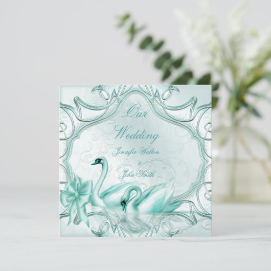 Elegant Wedding Blauwgroen Blue Swans Bow Kaart (Staand voorkant)