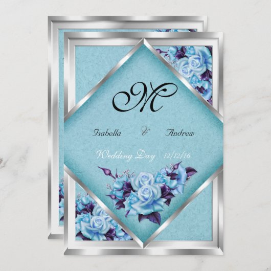 Elegant Wedding Blauwgroen Paarse Rozen Silver Bou Kaart (Voorkant / Achterkant)