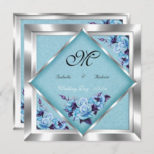Elegant Wedding Blauwgroen Paarse Rozen Silver Bou Kaart (Voorkant / Achterkant)