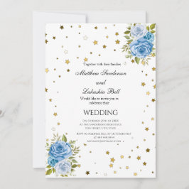 Elegant Wedding Blue bloemen gouden sterren Kaart