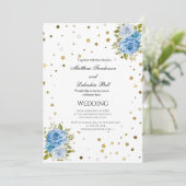 Elegant Wedding Blue bloemen gouden sterren Kaart (Staand voorkant)