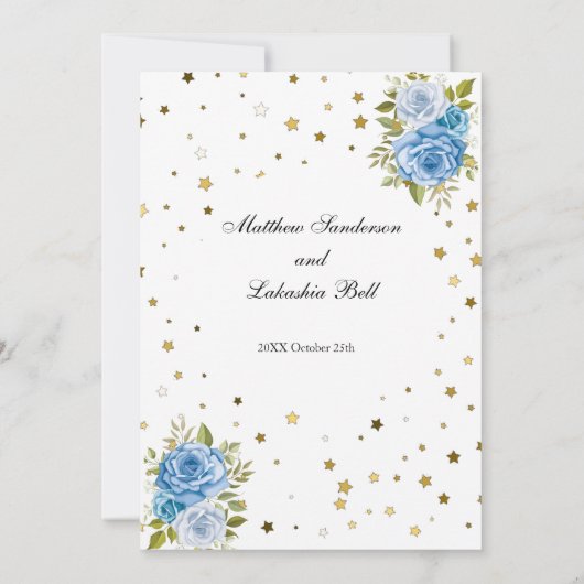 Elegant Wedding Blue bloemen gouden sterren Kaart (Achterkant)