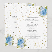 Elegant Wedding Blue bloemen gouden sterren Kaart (Voorkant / Achterkant)
