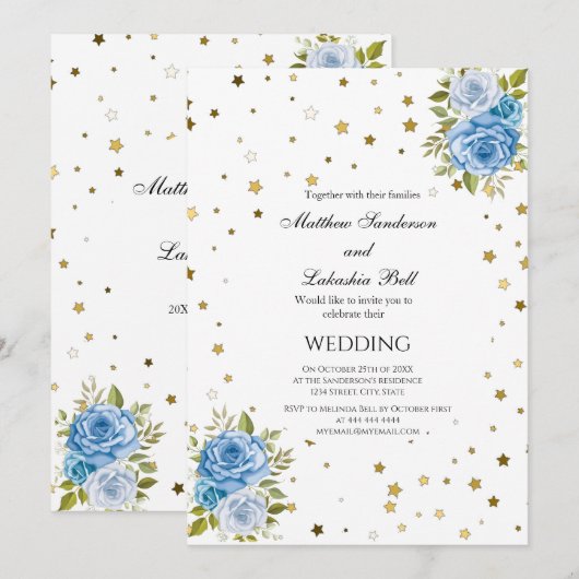 Elegant Wedding Blue bloemen gouden sterren Kaart (Voorkant / Achterkant)
