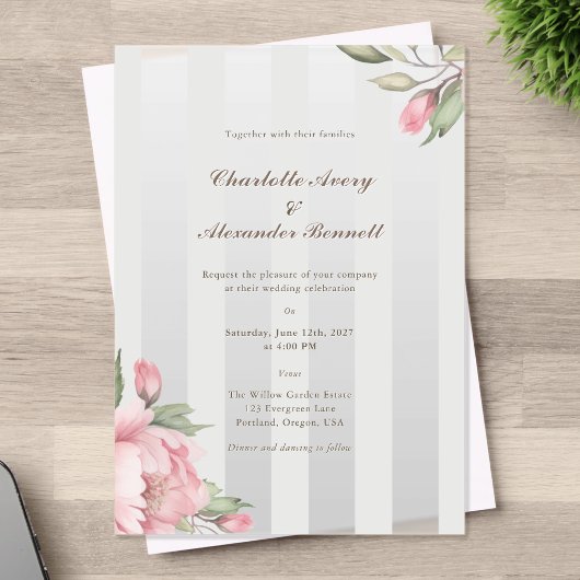 Elegant Wedding – Blush Peony & Soft Grey Striped  Acryl Uitnodigingen