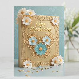 Elegant Wedding Book Blue White Gold Flowers Kaart
