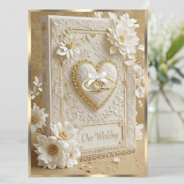 Elegant Wedding Book Gold Heart Lace White Flowers Kaart