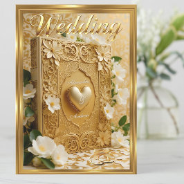 Elegant Wedding Book Gold Heart White Flowers Kaart